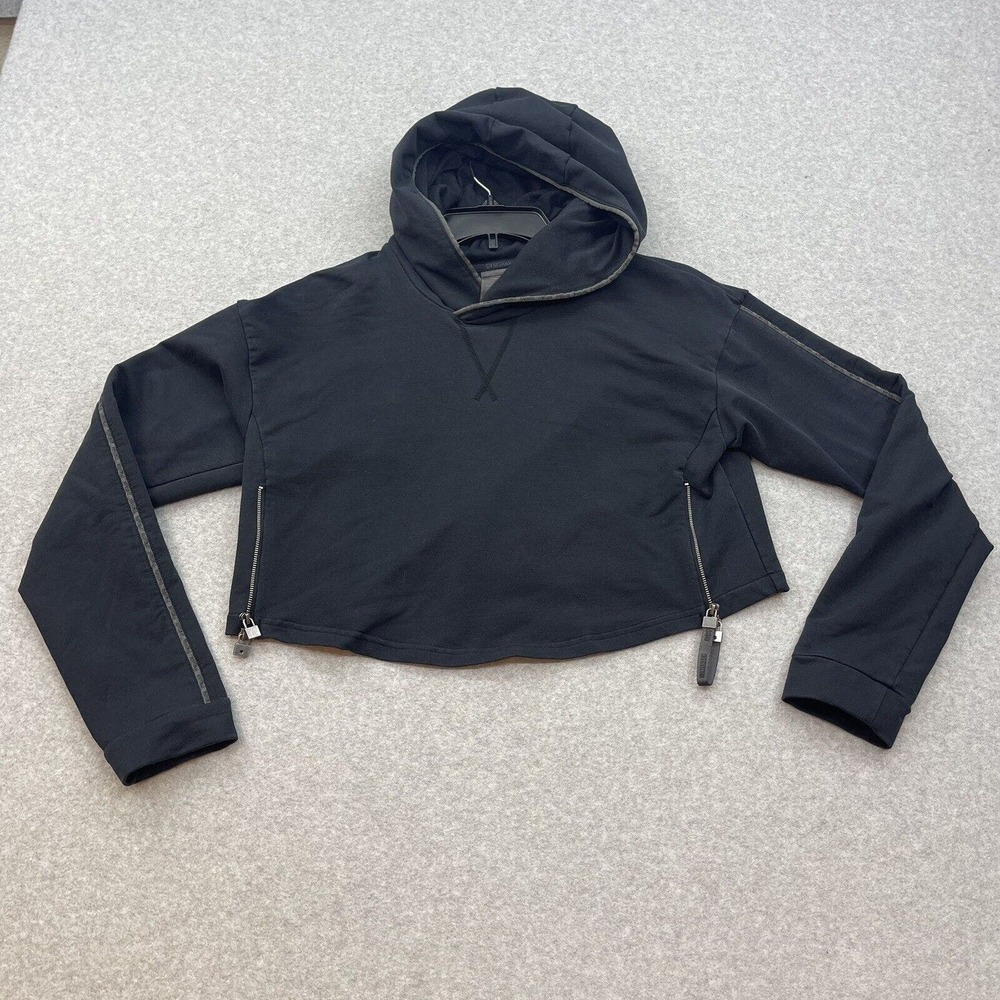 Gymshark Cropped Hoodie Womens Small Black Pull Over Sweatshirt Zipper Accents